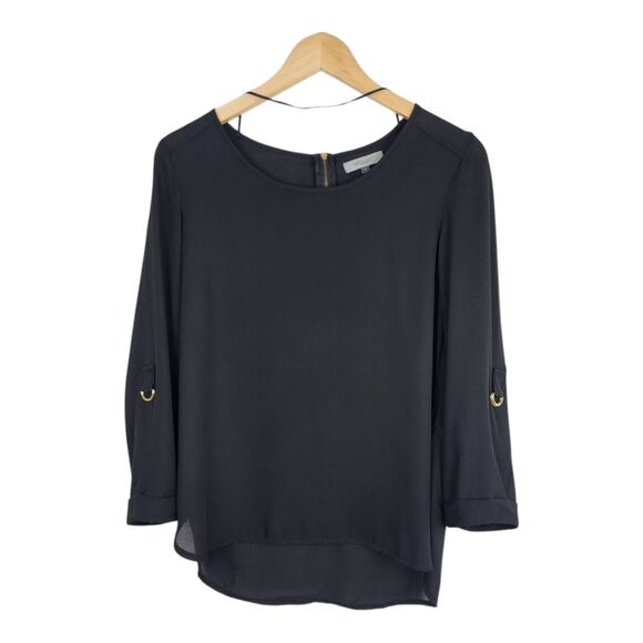 Apology London Black Top Blouse Back Gold Zip High-low Roll-tab Sleeve Size S - Picture 3 of 14